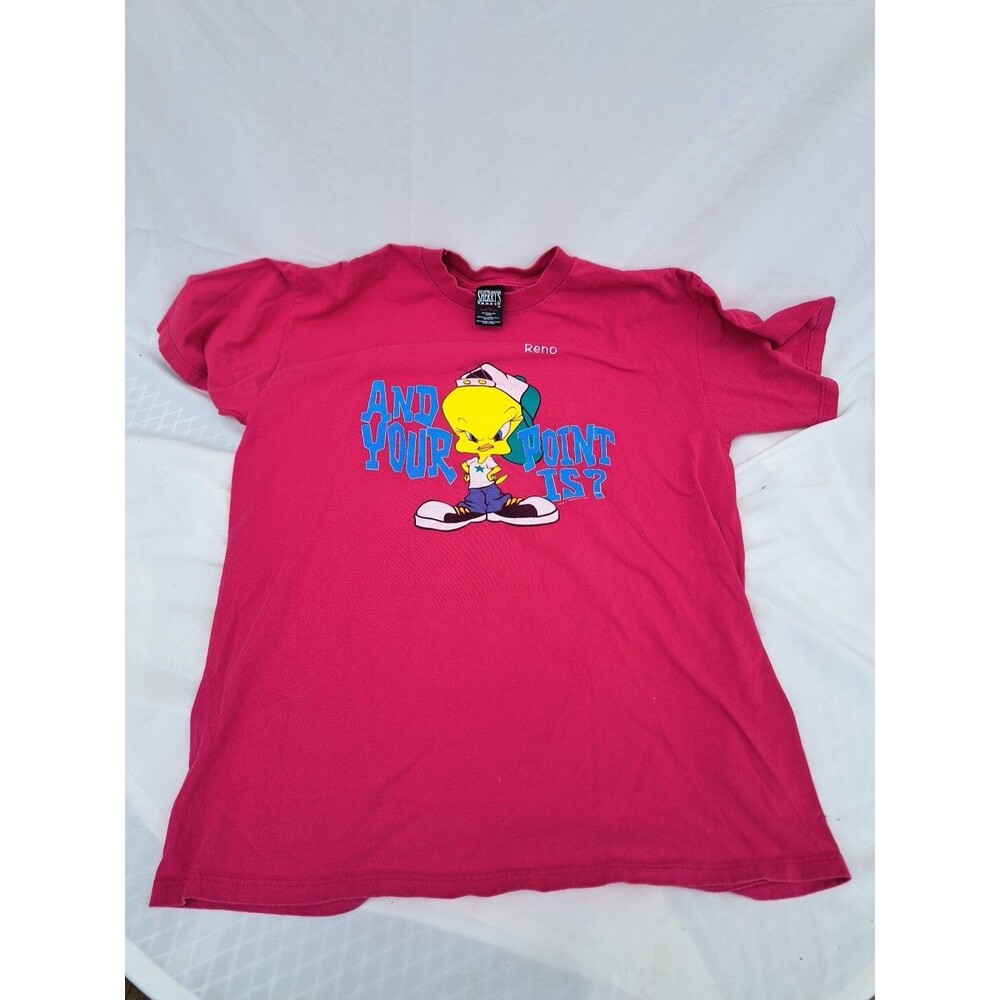 Vtg 90s Tweety Bird T Shirt Tee Hot Pink Looney Tunes Reno Nevada Attitude L